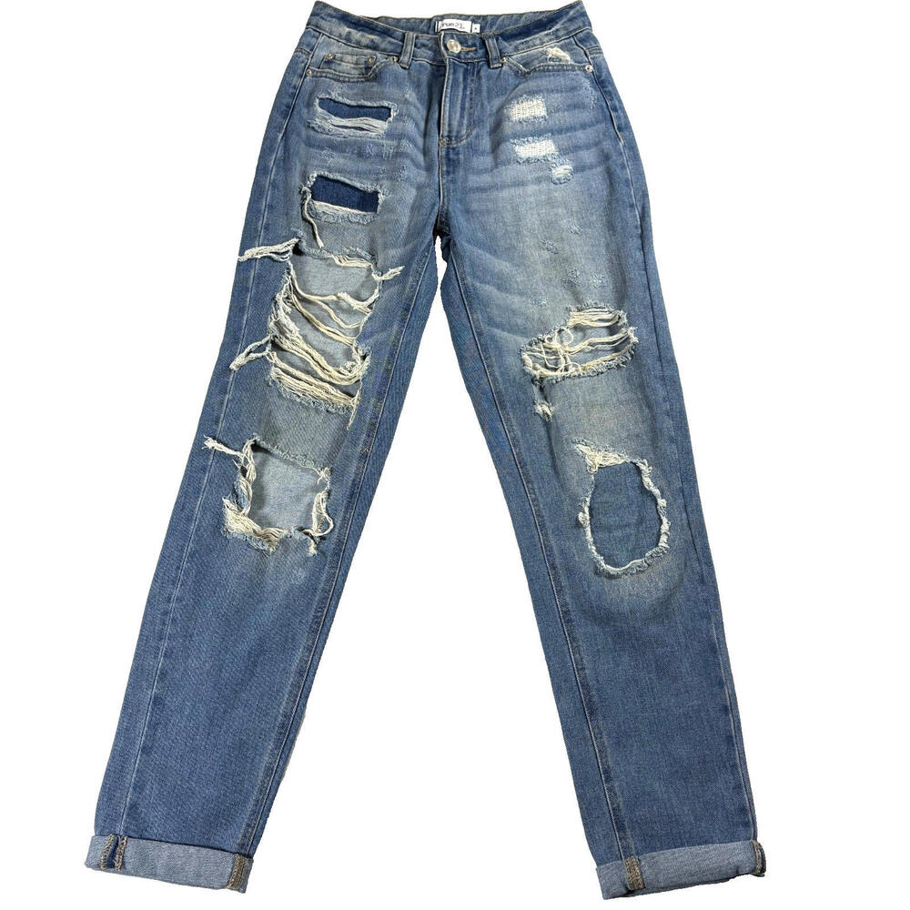 Rue21 Womens 4 High Rise Distressed Straight Leg Medium Wash Denim Jeans Vintage